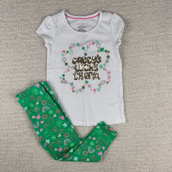 Max Studio Girls Matching Outfit XS(4) Green White Daddy's Lucky Charm Set‎ - Picture 1 of 6